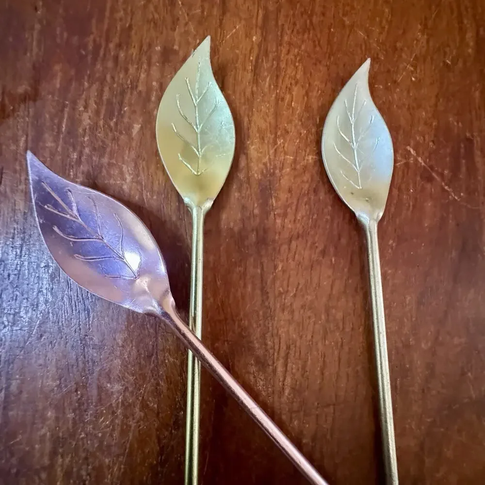 Vintage 3 Anodized Aluminum Iced Tea Dessert Spoons Leaf Shaped Pastel Colors